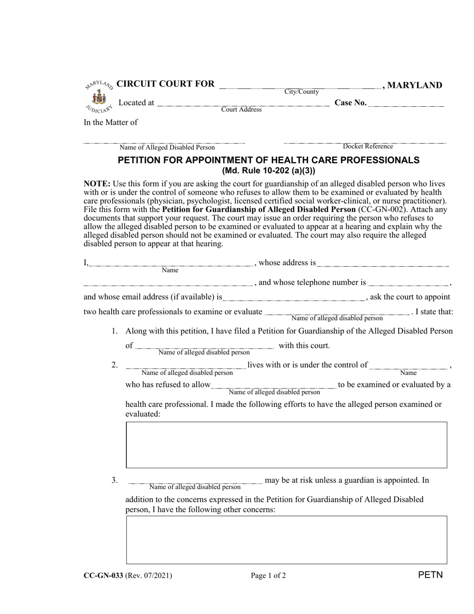 Form CC-GN-033 Petition for Appointment of Health Care Professionals - Maryland, Page 1