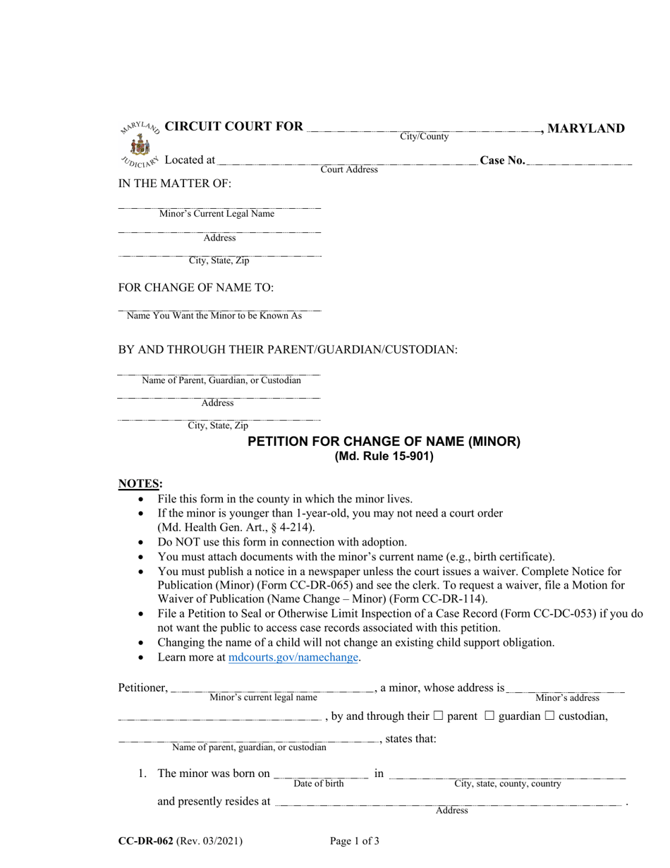 Form CC-DR-062 Petition for Change of Name (Minor) - Maryland, Page 1