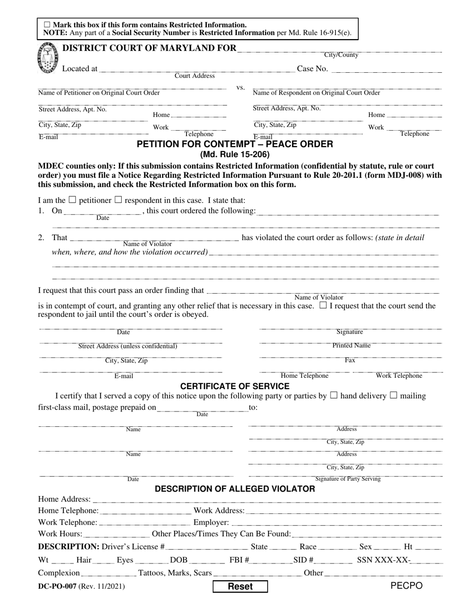 Form DC-PO-007 Petition for Contempt (Peace Order) - Maryland, Page 1
