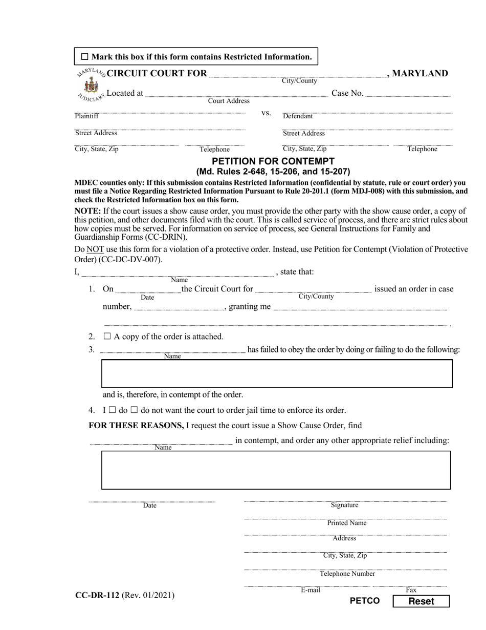 Form CC-DR-112 Petition for Contempt - Maryland, Page 1