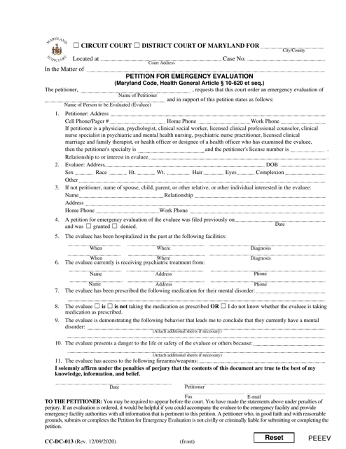 Form CC-DC-013 Petition for Emergency Evaluation - Maryland