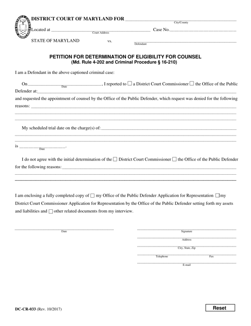 Form DC-CR-033 Petition for Determination of Eligibility for Counsel - Maryland