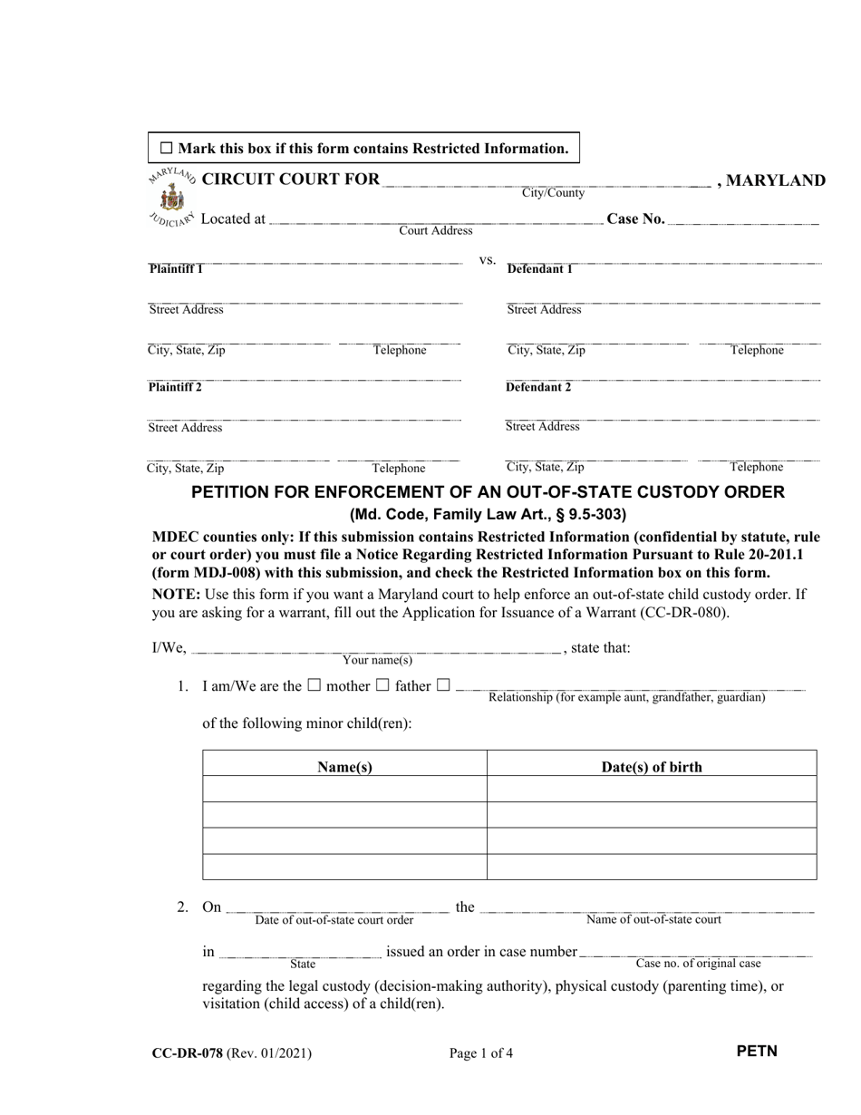 Form CC-DR-078 Petition for Enforcement of an Out-of-State Custody Order - Maryland, Page 1