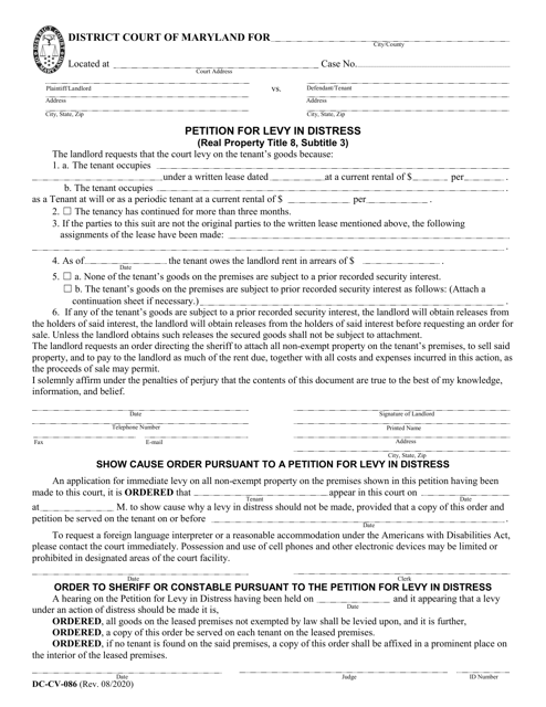 Form DC-CV-086 Petition for Levy in Distress - Maryland