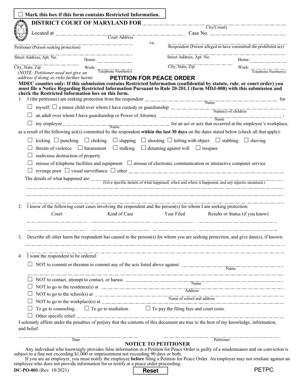 Form DC-PO-001 Petition for Peace Order - Maryland, Page 1
