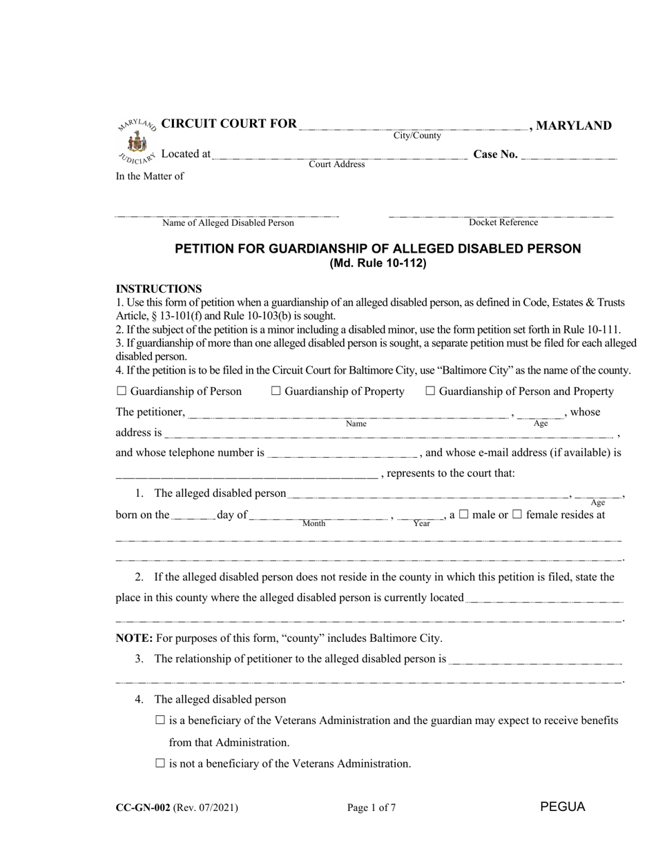 Form CC-GN-002 Petition for Guardianship of Alleged Disabled Person - Maryland, Page 1