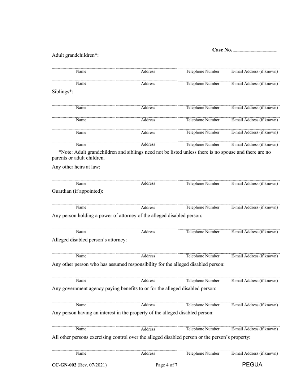 Form CC-GN-002 Petition for Guardianship of Alleged Disabled Person - Maryland, Page 4