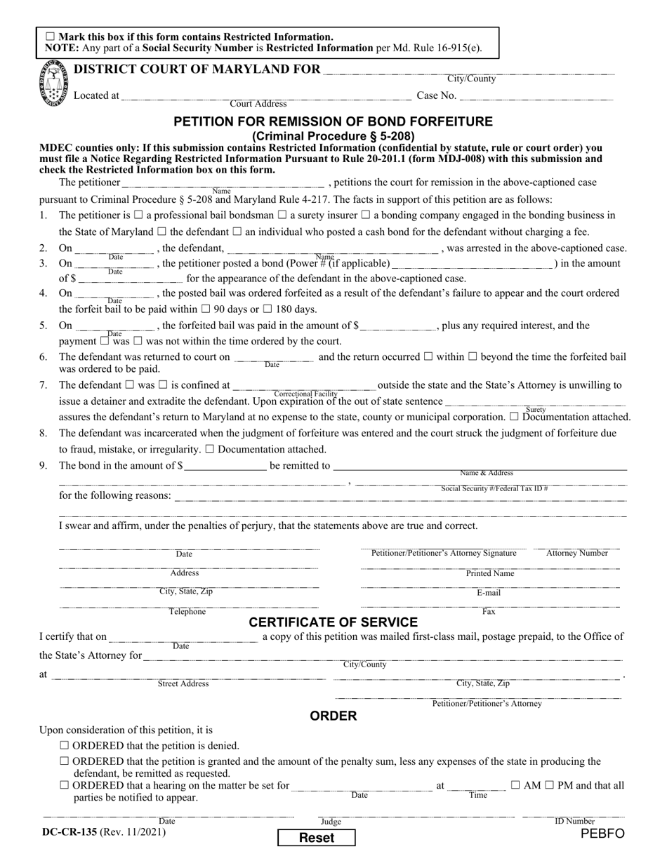 Form DC-CR-135 Petition for Remission of Bond Forfeiture - Maryland, Page 1