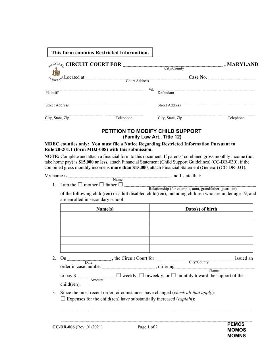 Form CC-DR-006 Petition to Modify Child Support - Maryland, Page 1