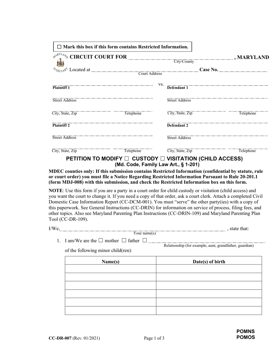 Form CC-DR-007 Petition to Modify Custody / Visitation (Child Access) - Maryland, Page 1