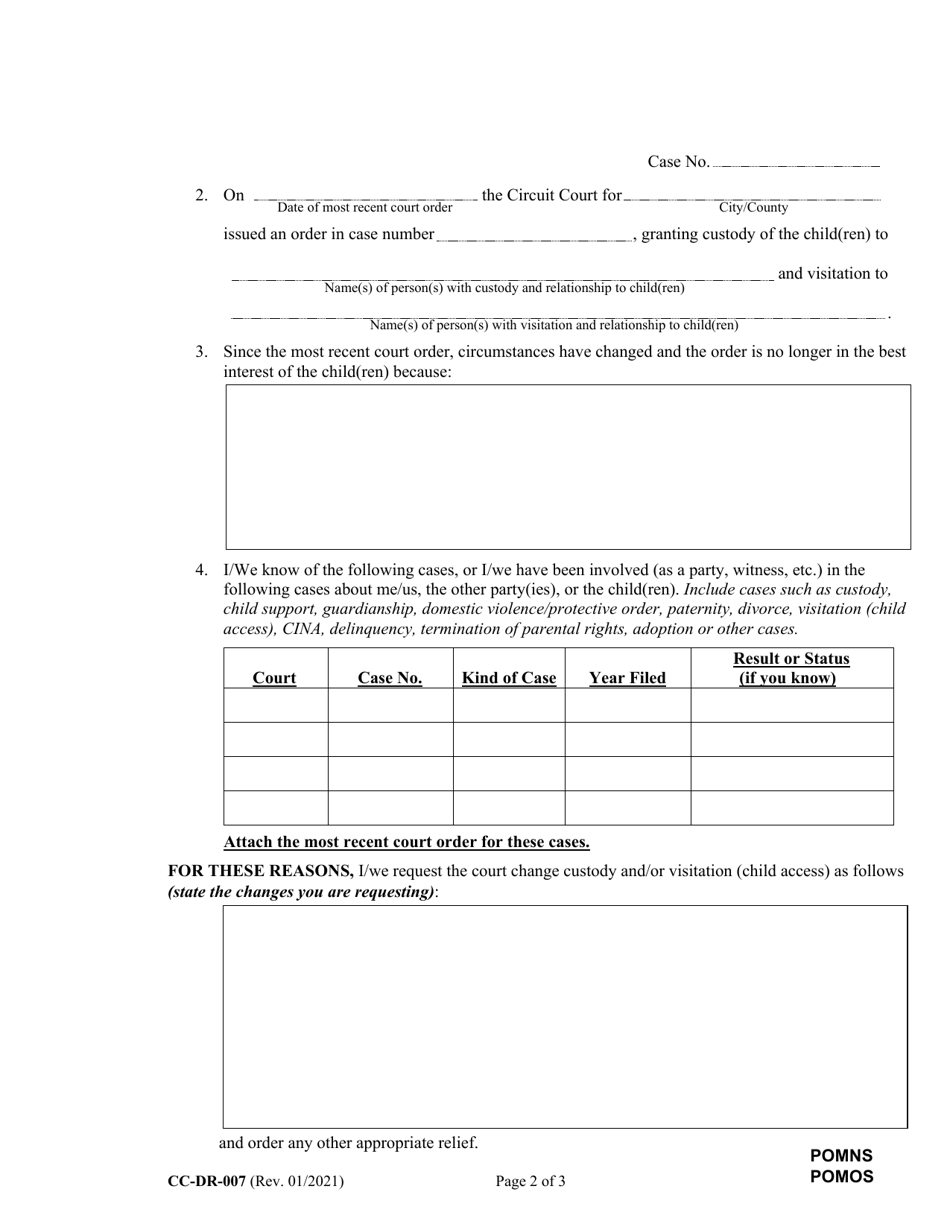 Form CC-DR-007 Petition to Modify Custody / Visitation (Child Access) - Maryland, Page 2