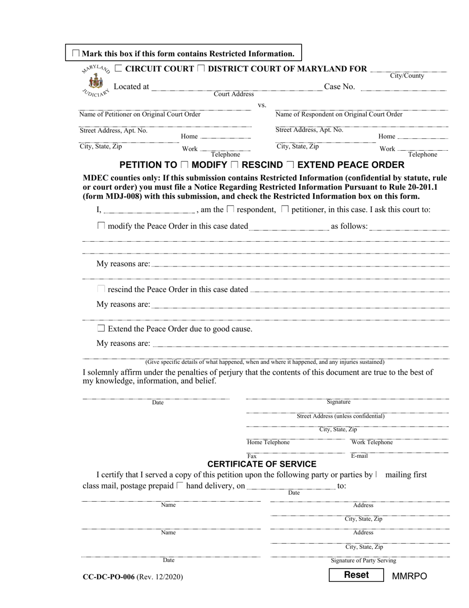 Form CC-DC-PO-006 Petition to Modify / Rescind / Extend Peace Order - Maryland, Page 1