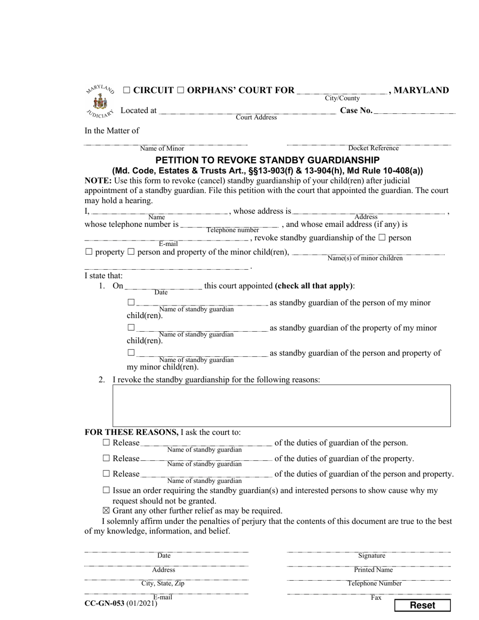 Form CC-GN-053 Petition to Revoke Standby Guardianship - Maryland, Page 1