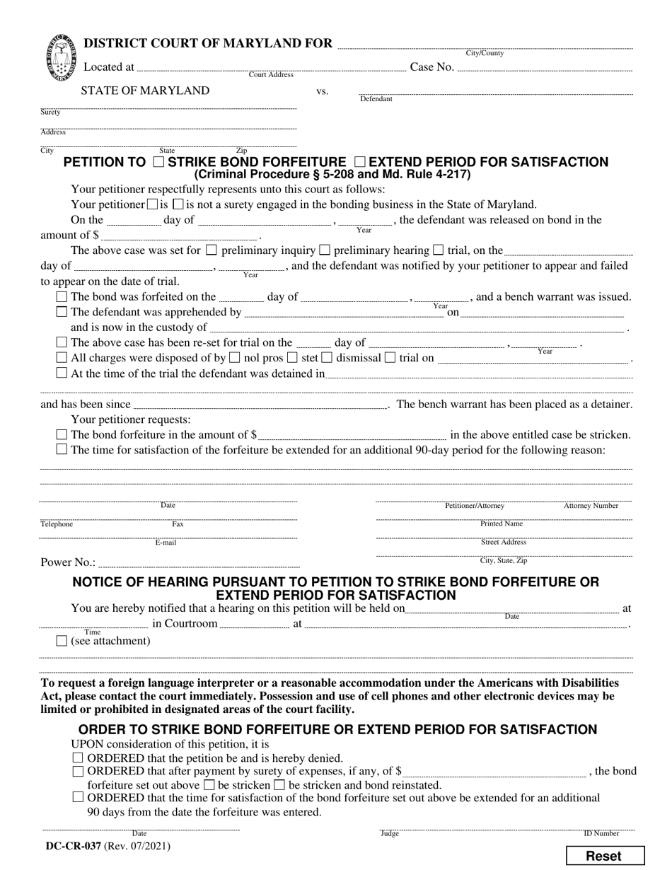 Form DC-CR-037 Petition to Strike Bond Forfeiture / Extend Period for Satisfaction - Maryland, Page 1
