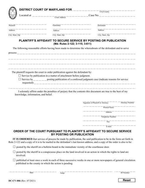 Form DC-CV-006 Plaintiff's Affidavit to Secure Service by Posting or Publication - Maryland