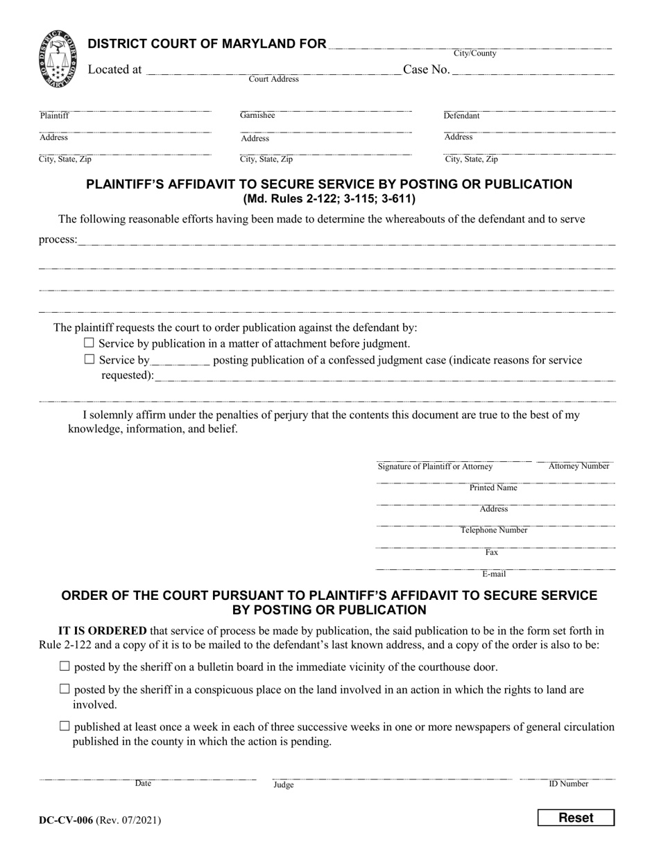 Form DC-CV-006 Plaintiffs Affidavit to Secure Service by Posting or Publication - Maryland, Page 1