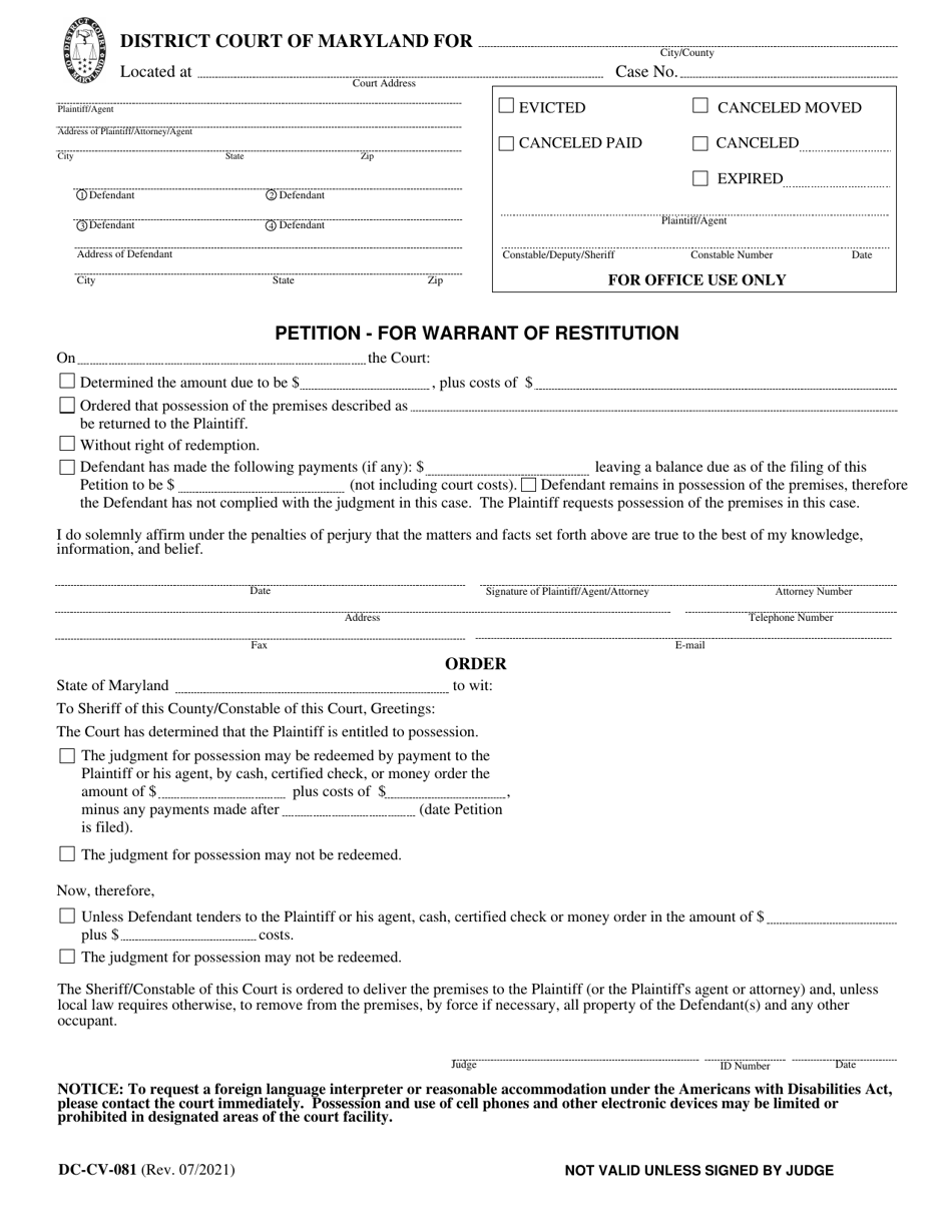 Form DC-CV-081 Petition for Warrant of Restitution - Maryland, Page 1