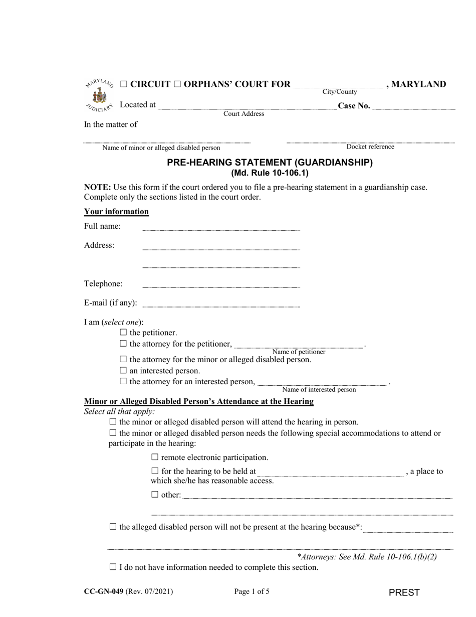 Form CC-GN-049 Pre-hearing Statement (Guardianship) - Maryland, Page 1