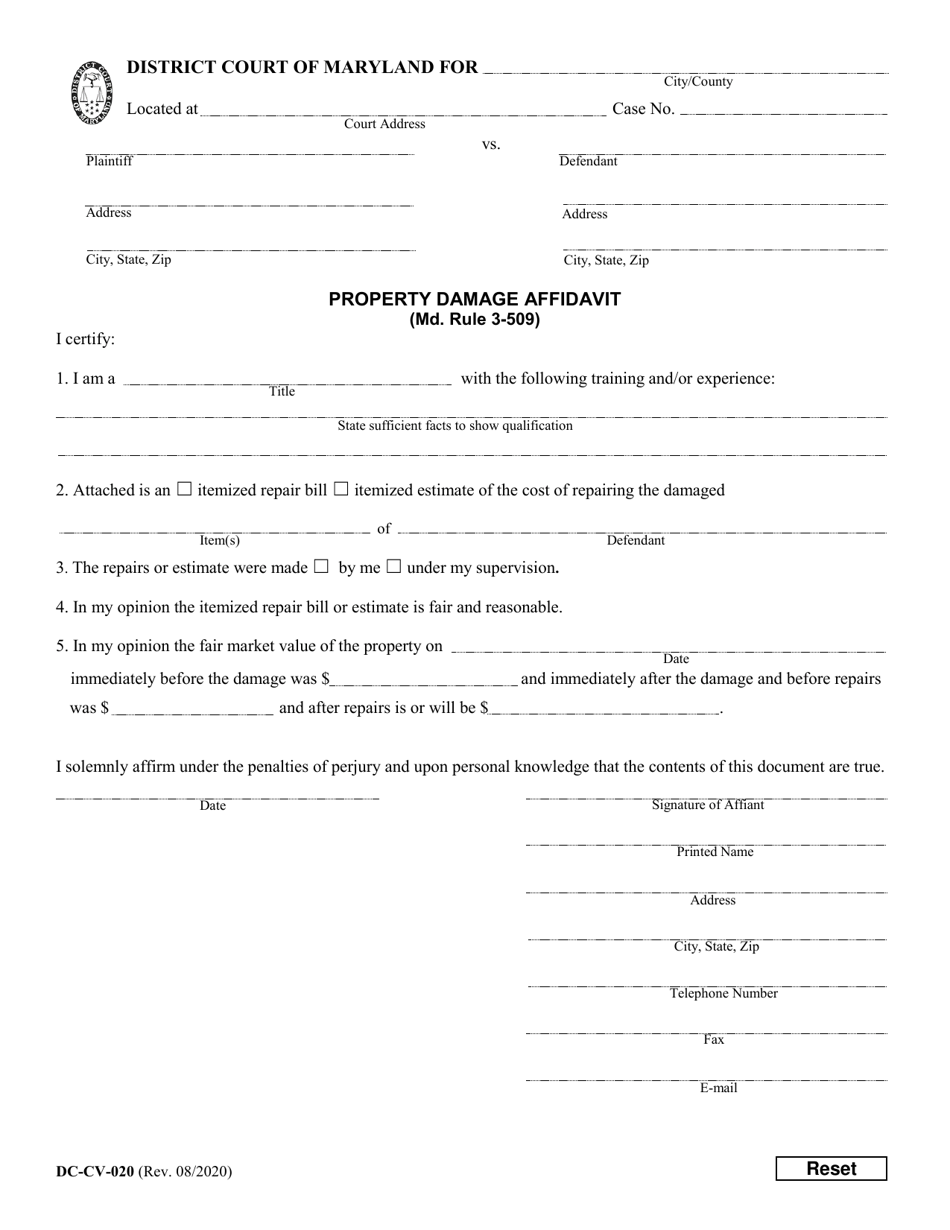Form DC-CV-020 Property Damage Affidavit - Maryland, Page 1
