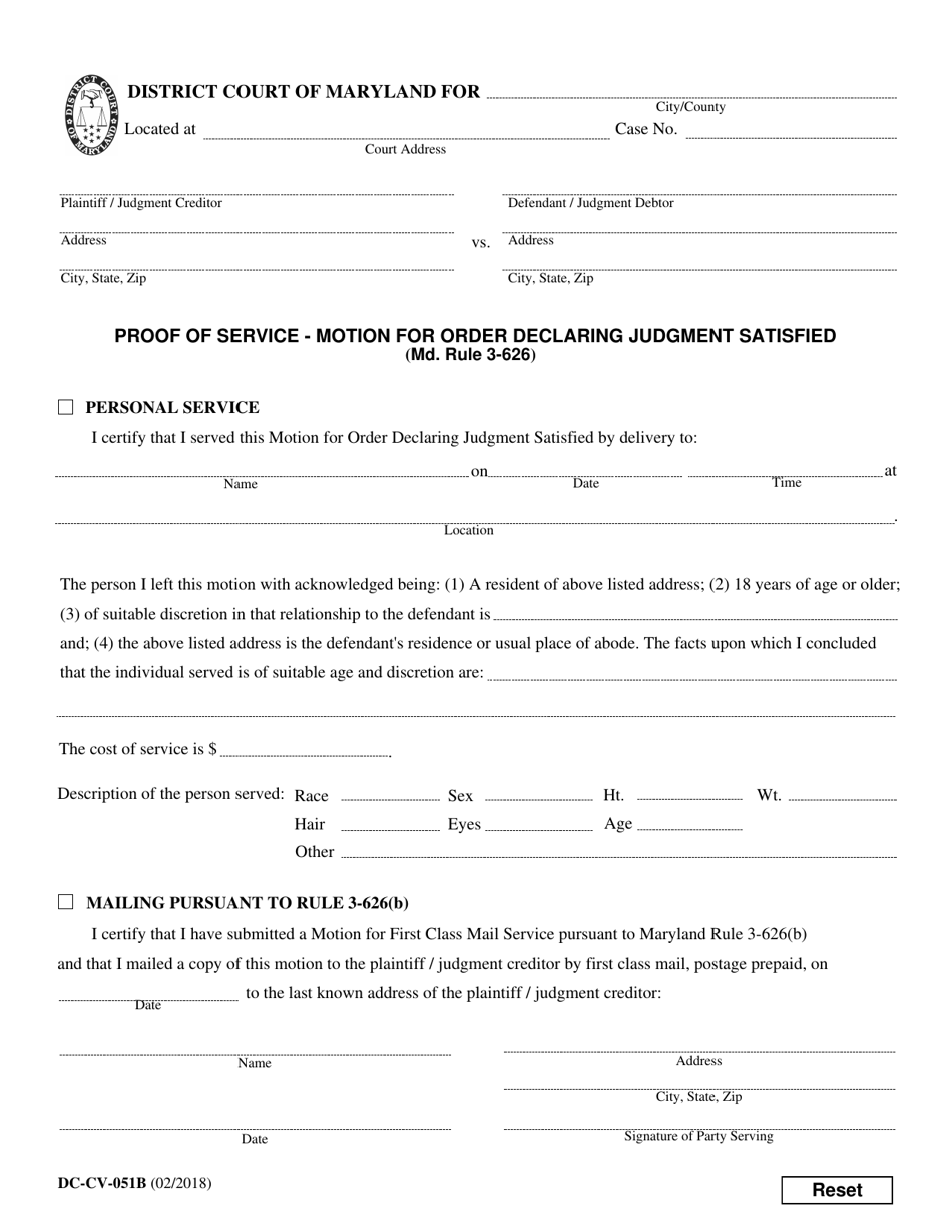 Form DC-CV-051B Proof of Service - Motion for Order Declaring Judgment Satisfied - Maryland, Page 1