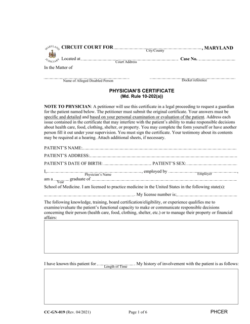 Form CC-GN-019 Physician's Certificate - Maryland