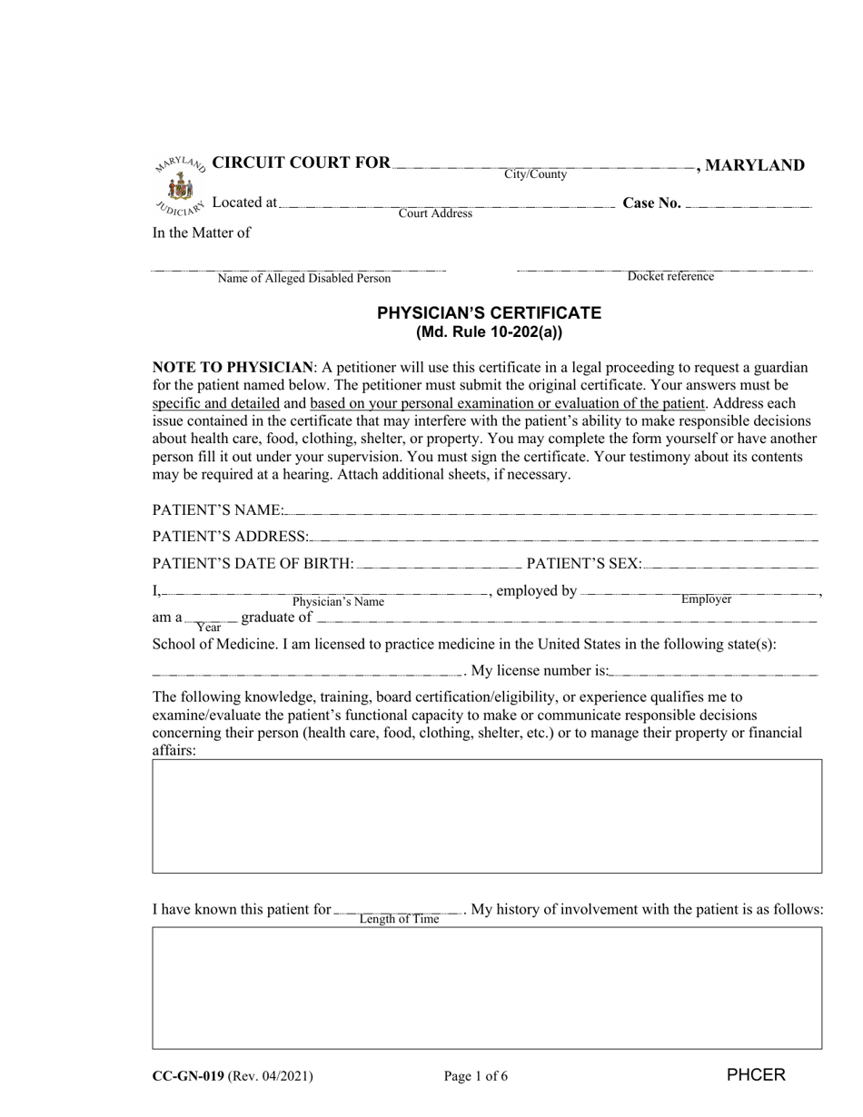 Form CC-GN-019 Physicians Certificate - Maryland, Page 1