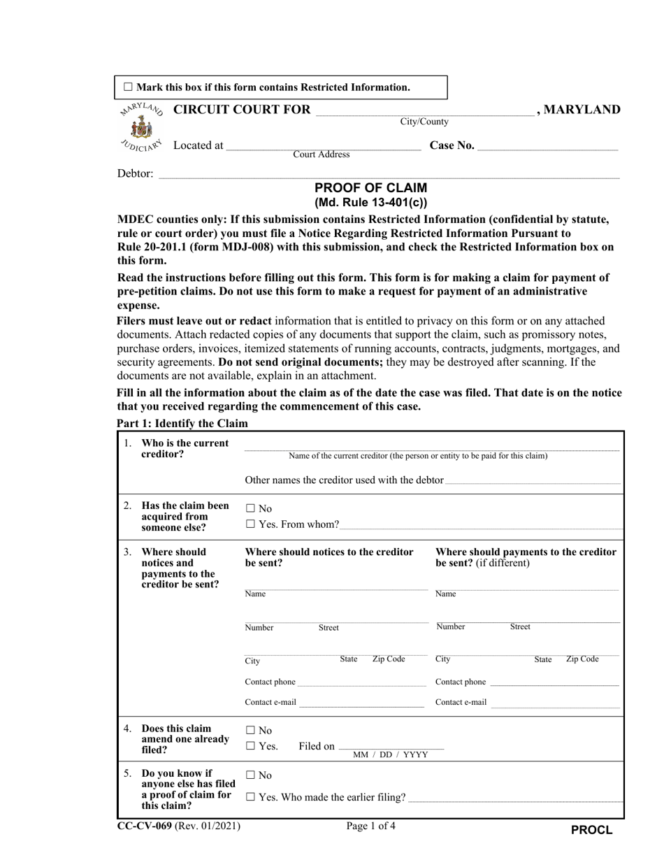 Form CC-CV-069 Proof of Claim - Maryland, Page 1