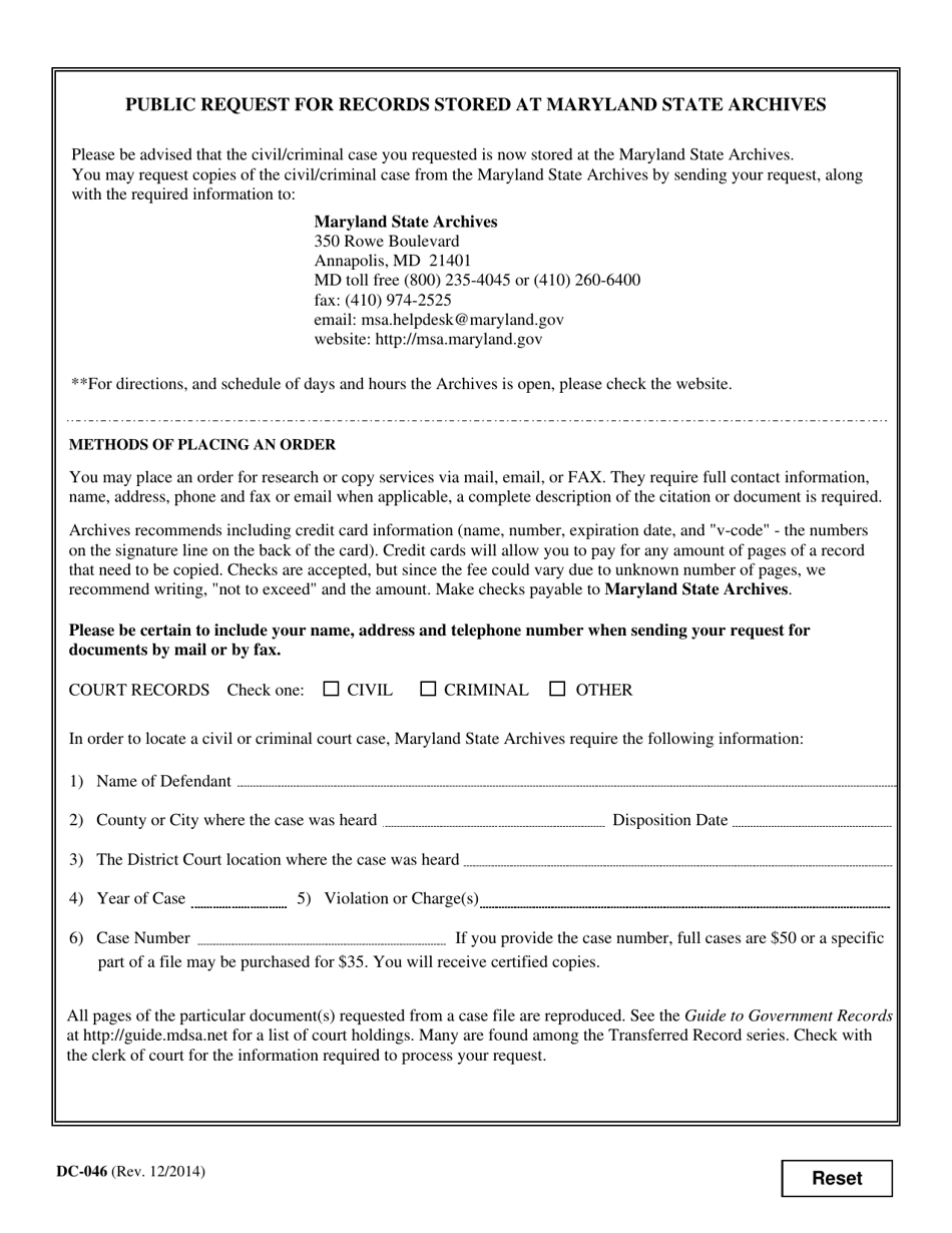 Form DC-046 Public Request for Records Stored at Maryland State Archives - Maryland, Page 1