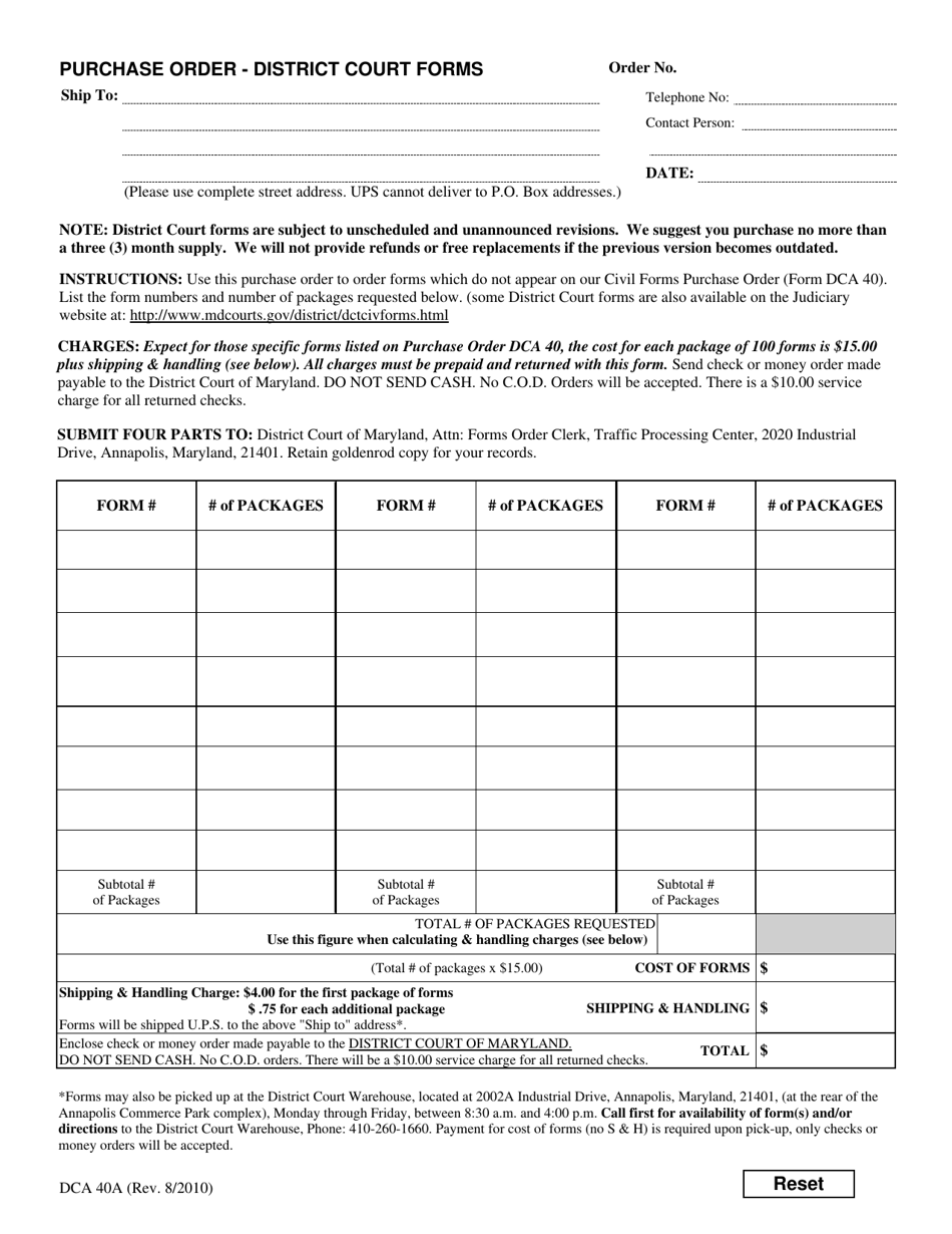 Form DCA40A Purchase Order - Maryland, Page 1
