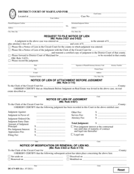 Form DC-CV-035 Request to File Notice of Lien/Notice of Lien of Attachment Before Judgment/Notice of Lien of Judgment/Notice of Modification or Renewal of Lien - Maryland