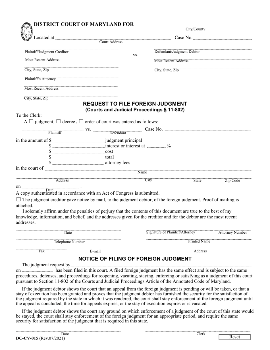Form DC-CV-015 Request to File Foreign Judgment - Maryland, Page 1