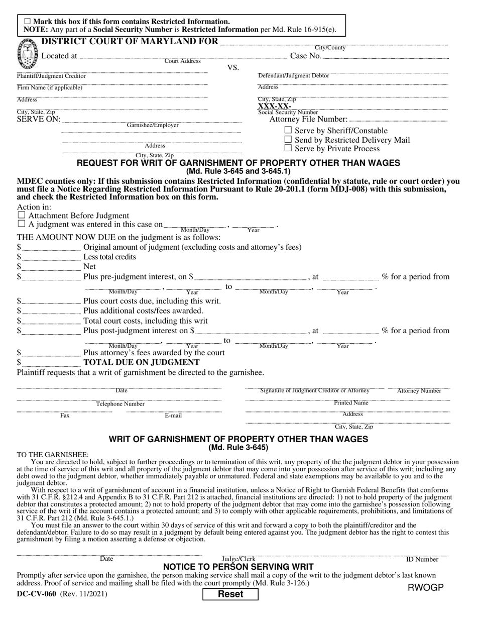 Form DC-CV-060 Request for Writ of Garnishment of Property Other Than Wages - Maryland, Page 1