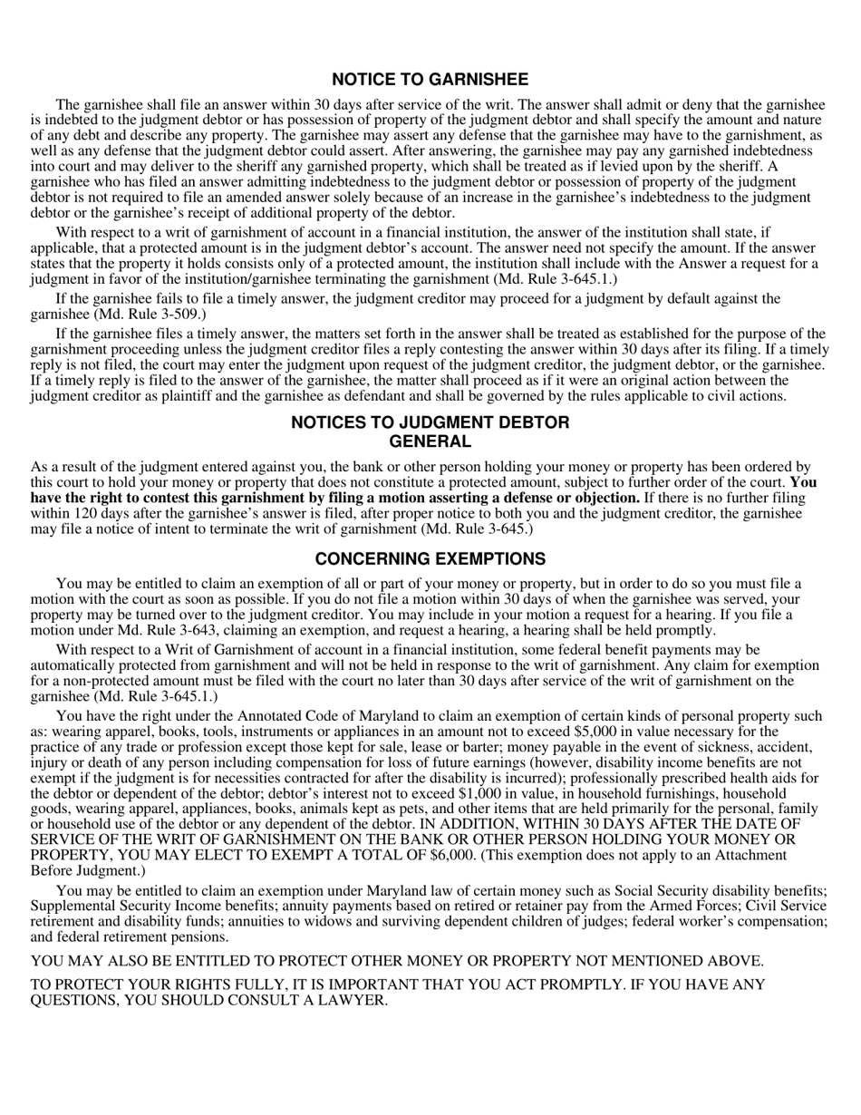 Form DC-CV-060 Request for Writ of Garnishment of Property Other Than Wages - Maryland, Page 2