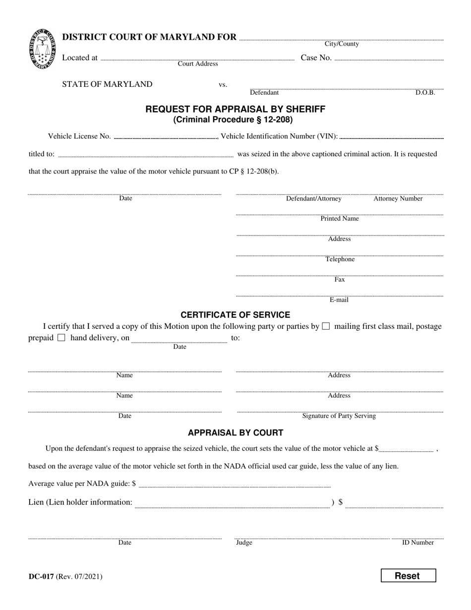 Form DC-017 Request for Appraisal by Sheriff / Certificate of Service / Appraisal by Court - Maryland, Page 1