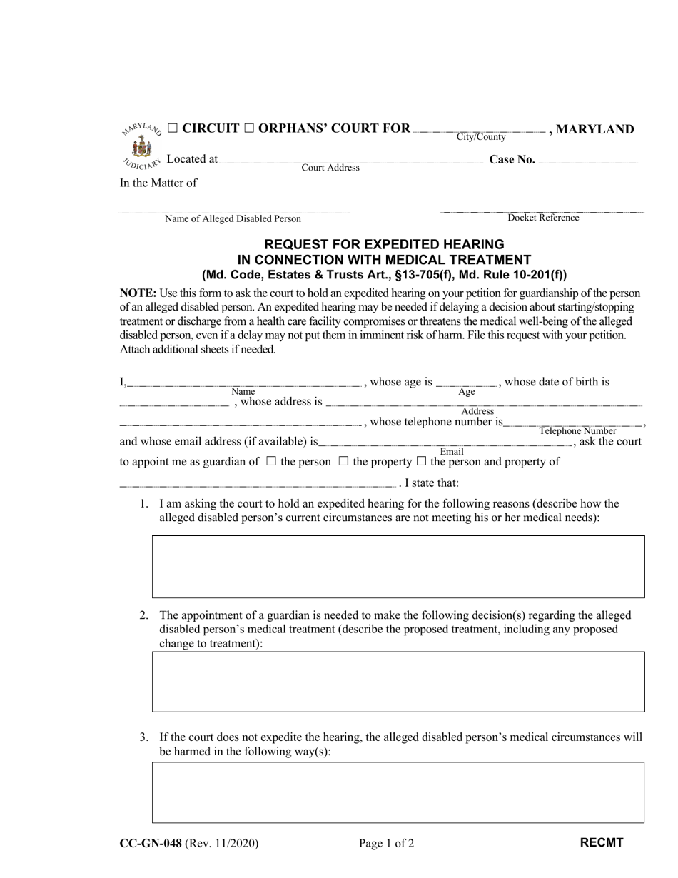 Form CC-GN-048 Request for Expedited Hearing in Connection With Medical Treatment - Maryland, Page 1