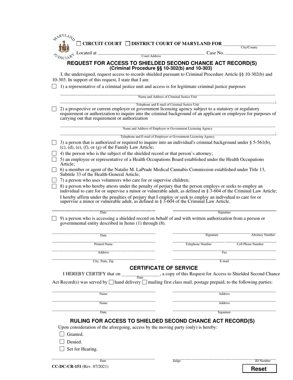 Form CC-DC-CR-151 Request for Access to Shielded Second Chance Act Record(S) - Maryland, Page 1