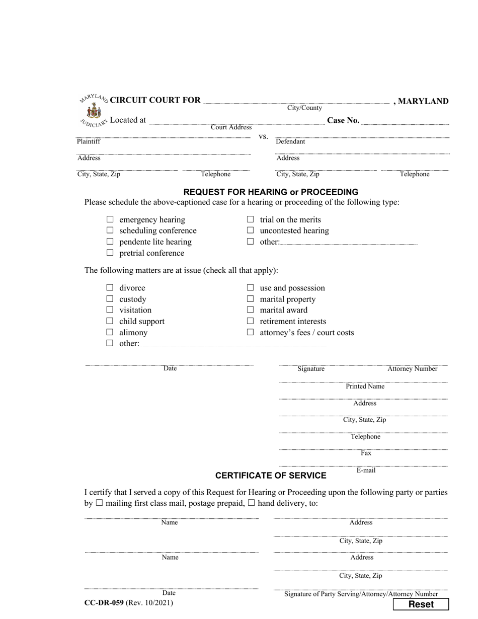 Form CC-DR-059 Request for Hearing or Proceeding - Maryland, Page 1