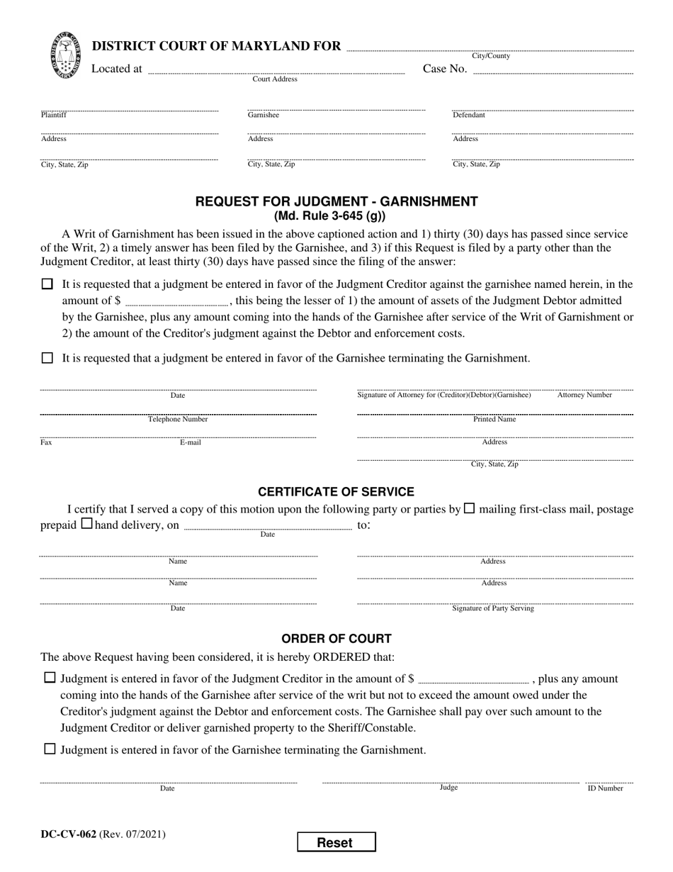 Form DC-CV-062 Request for Judgment - Garnishment - Maryland, Page 1