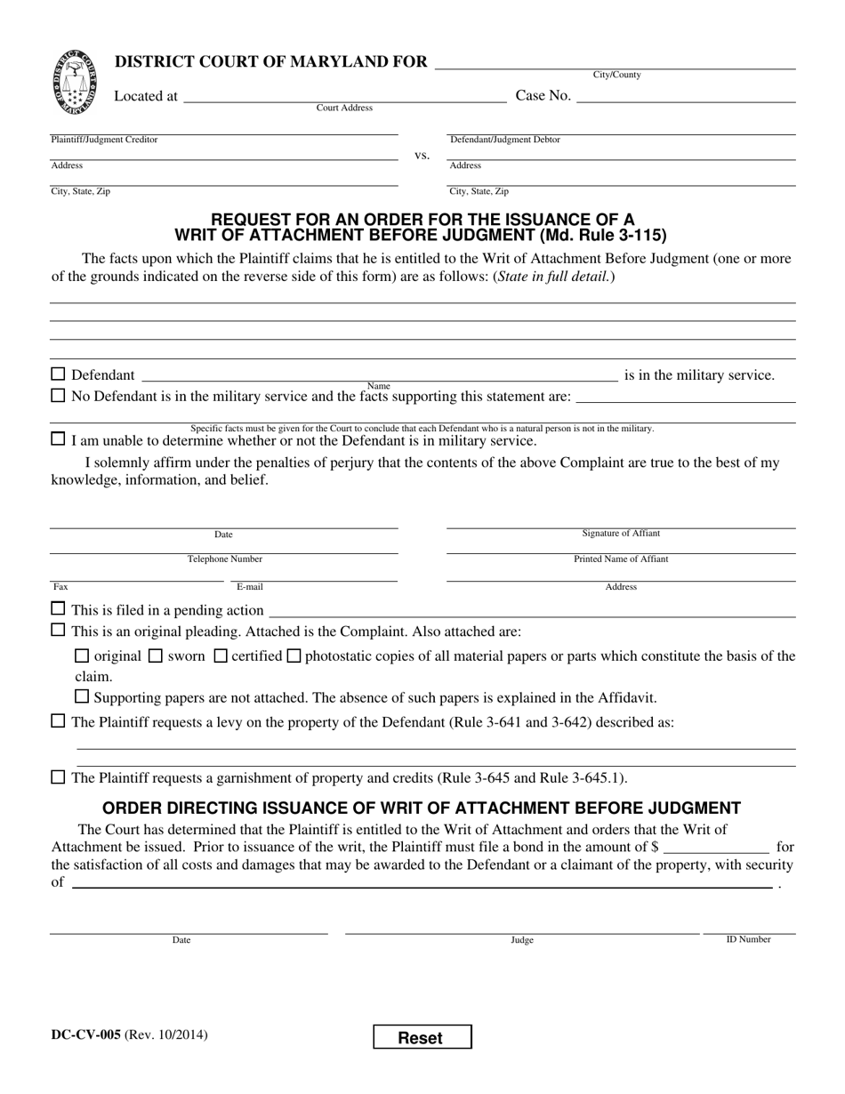 Form DC-CV-005 Request for an Order for the Issuance of a Writ of Attachment Before Judgment - Maryland, Page 1