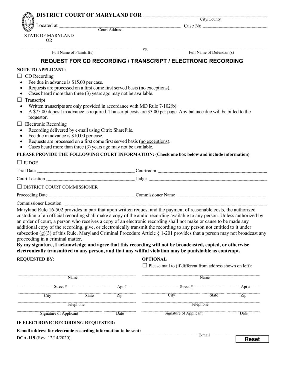 Form DCA-119 Request for Cd Recording / Transcript / Electronic Recording - Maryland, Page 1