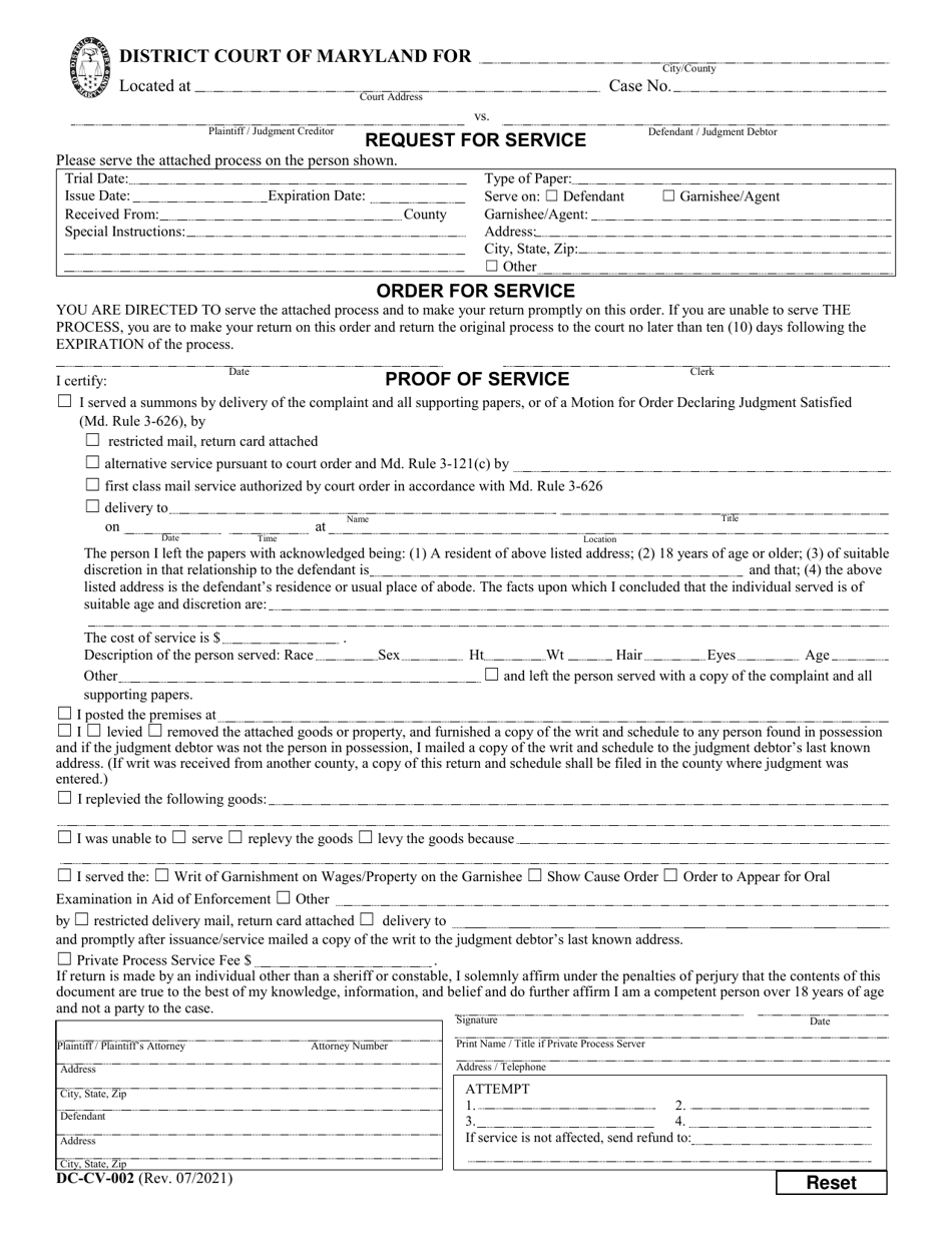 Form DC-CV-052 Request for Service / Order for Service / Proof of Service - Maryland, Page 1