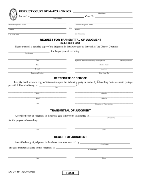 Form DC-CV-034 Request for Transmittal of Judgment - Maryland