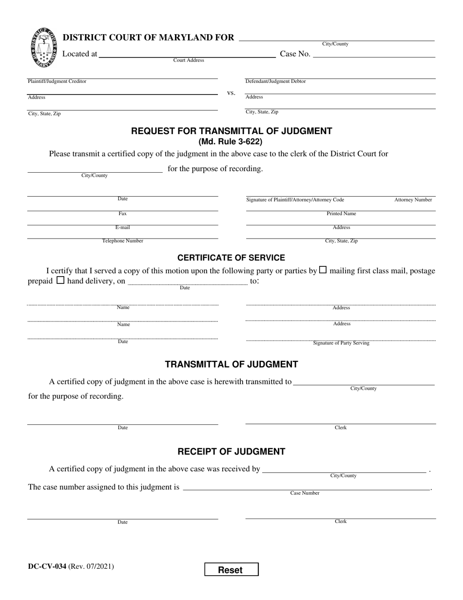 Form DC-CV-034 Request for Transmittal of Judgment - Maryland, Page 1