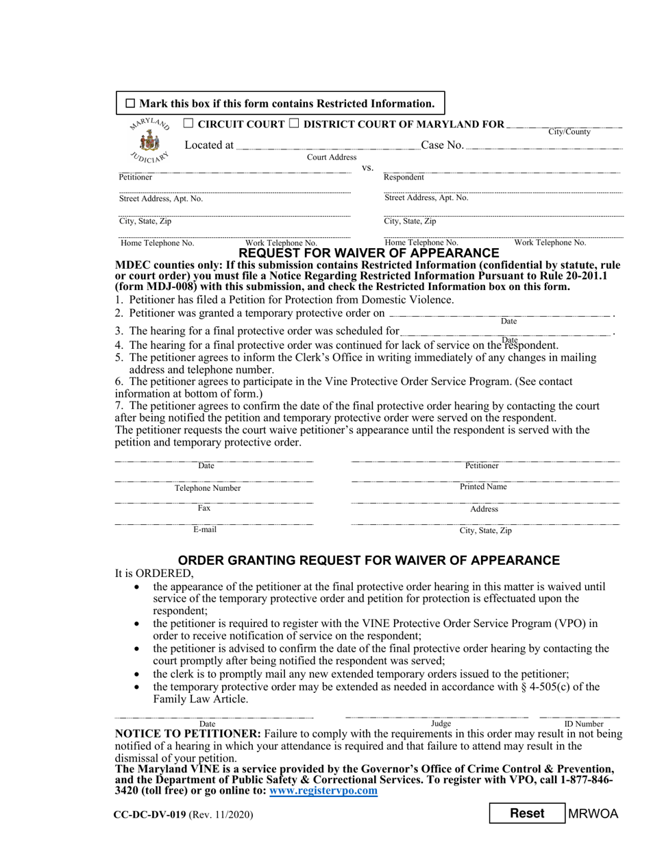 Form CC-DC-DV-019 Request for Waiver of Appearance - Maryland, Page 1
