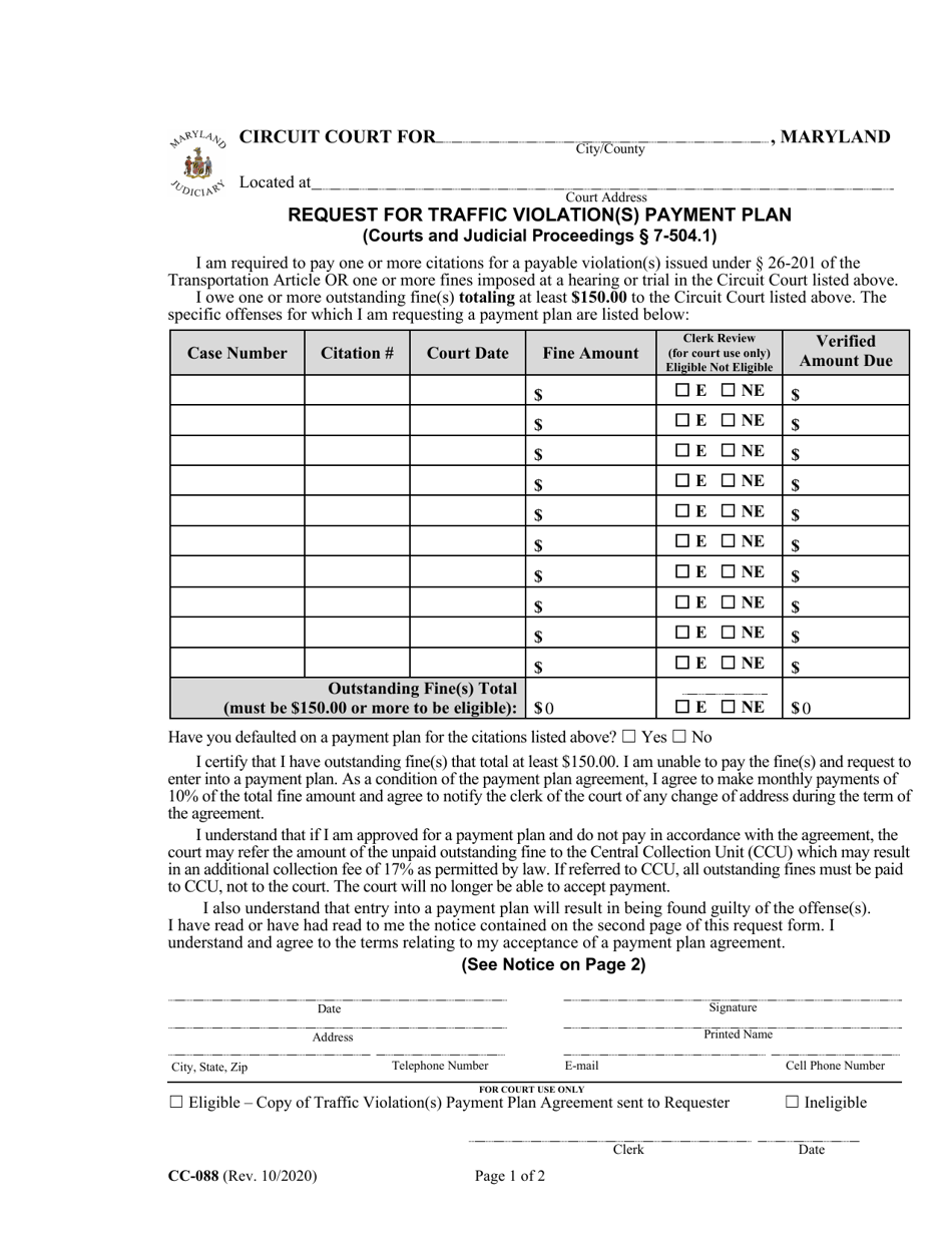 Form CC-088 Request for Traffic Violation(S) Payment Plan - Maryland, Page 1