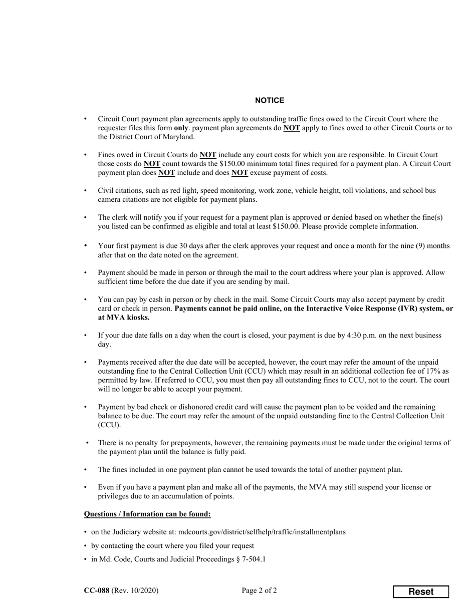 Form CC-088 Request for Traffic Violation(S) Payment Plan - Maryland, Page 2