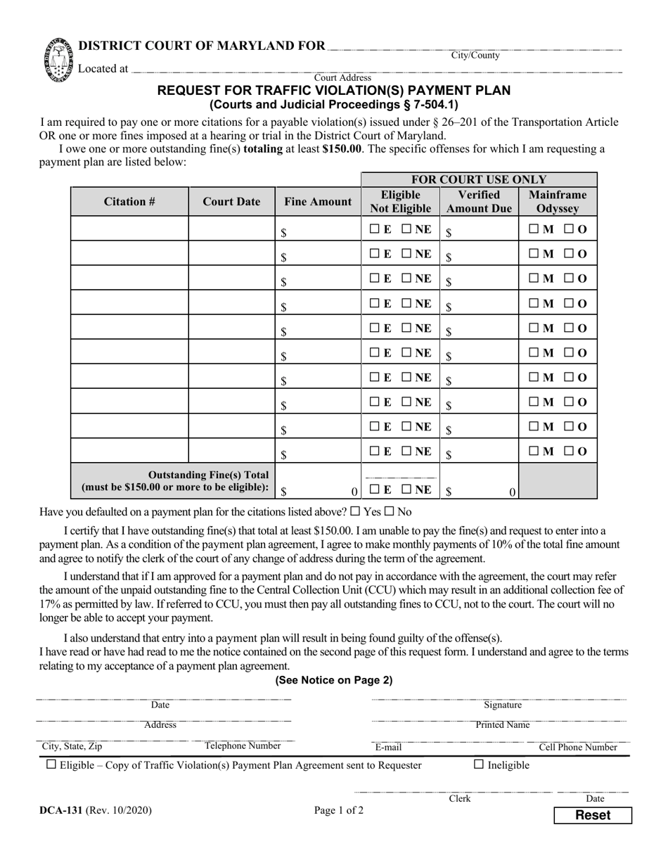 Form DCA-131 Request for Traffic Violation(S) Payment Plan - Maryland, Page 1