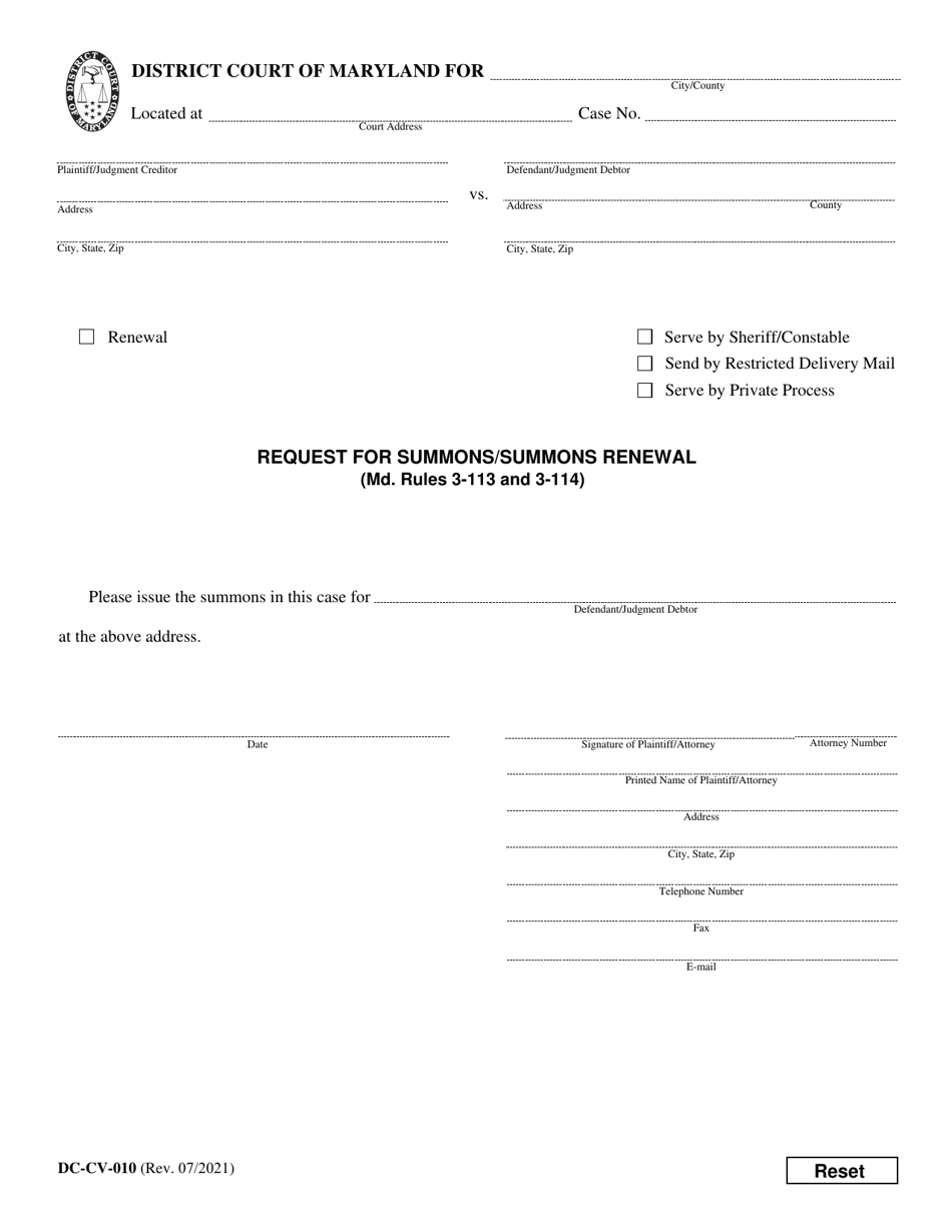 Form DC-CV-010 Request for Summons / Summons Renewal - Maryland, Page 1
