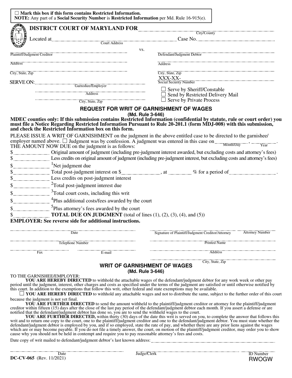 Form DC-CV-065 Request for Writ of Garnishment of Wages - Maryland, Page 1