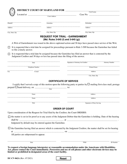 Form DC-CV-062A Request for Trial - Garnishment - Maryland